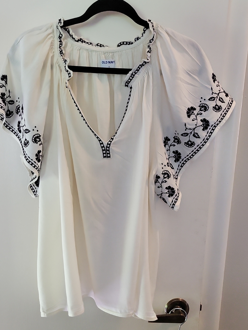 Old Black Cream Blouse with Black Floral Embroidery